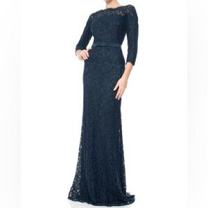 Tadashi Shoji Illusion Navy Lace Formal Gown 1/2 sleeve Size 8